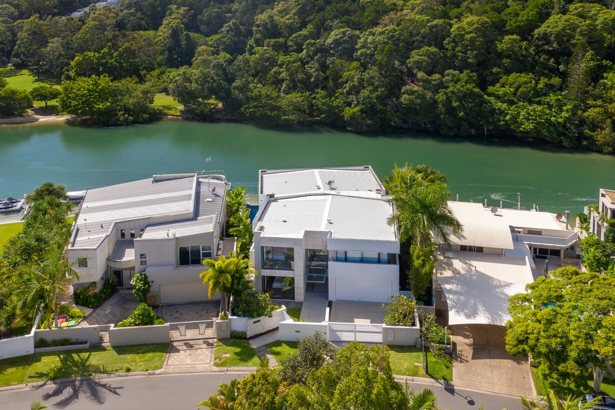 Aerial view of Witta Circle and Noosa Sound waterfront on the Noosa River